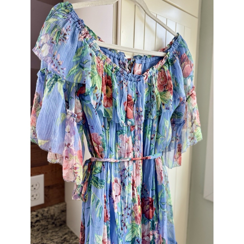 Zimmermann Winsome Sky Sunbleach Floral 100% Silk Ruffle Mini Dress Size 2 M 6/8 - Picture 3 of 16